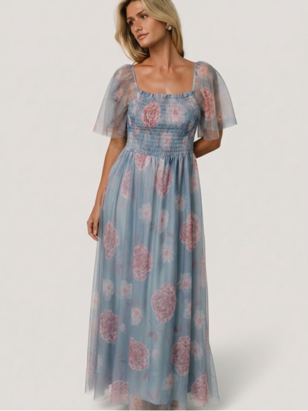 Baltic Born Sold Out Print Blue Floral Smocked Maxi Dress Flutter Sleeves